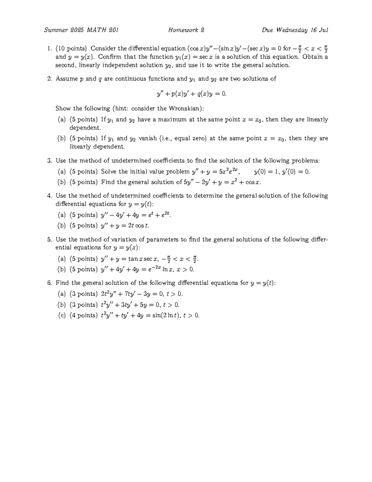Summer 2025 MATH 201 Homework 2: Differential Equations Solutions - Studocu