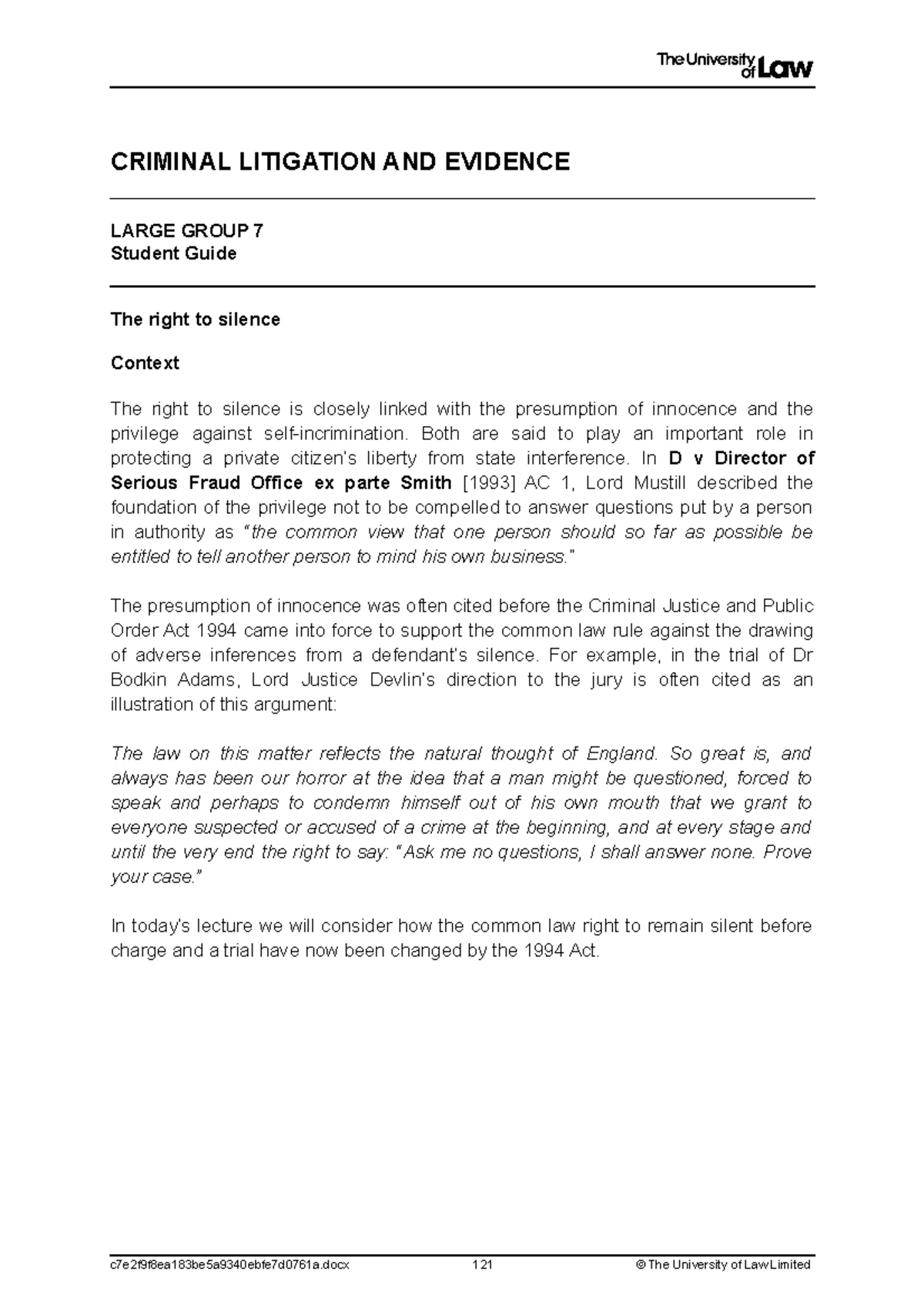 2122 CRLE LG07 CE01 Student Guide to the Right to Silence in Law - Studocu