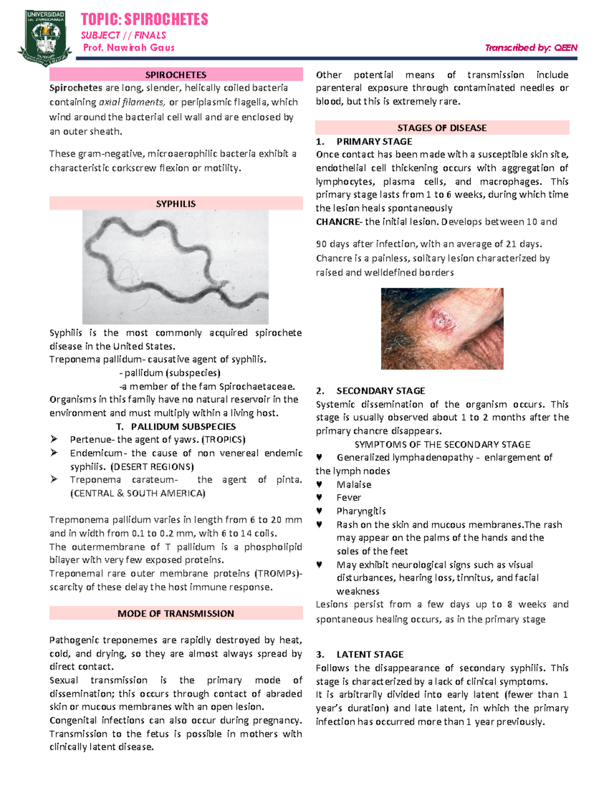 Final Exam Notes on Syphilis: Immunology & Serology (Course Code ...