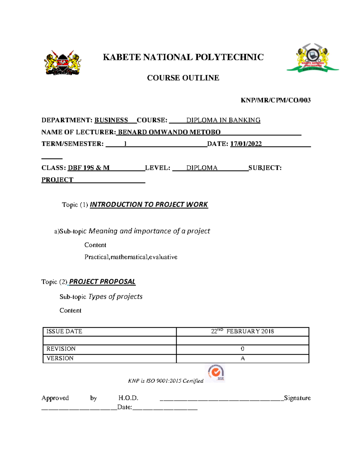 Project - lecture notes - ISSUE DATE 22 ND FEBRUARY 2018 REVISION 0 ...