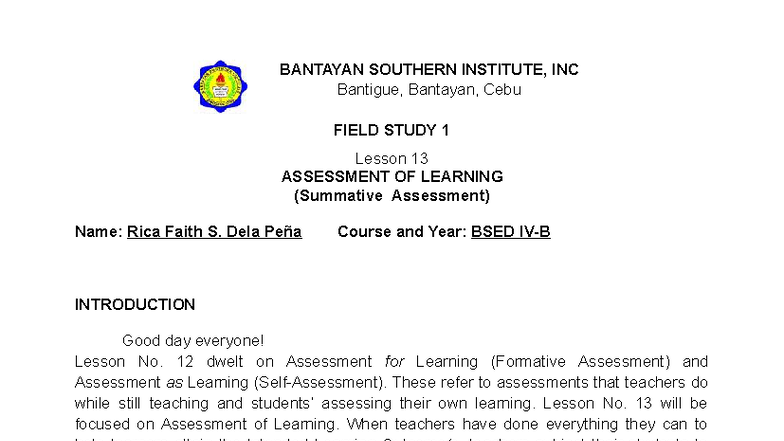 BSED FIELD STUDY 1 Lesson 13: Assessment of Learning Strategies - Studocu