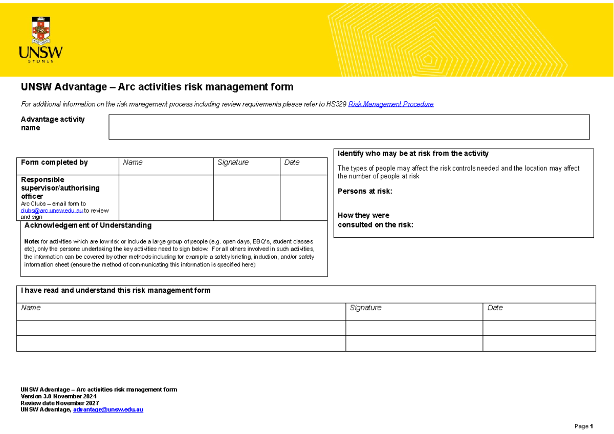UNSW Advantage Risk Management Form for Arc Activities Version 3 - Studocu