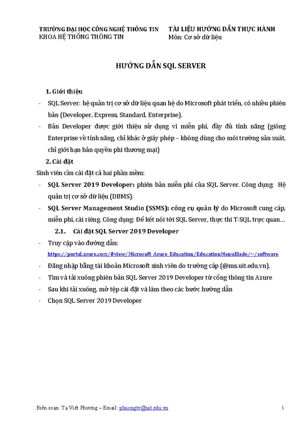 HƯỚNG DẪN CÀI ĐẶT SQL SERVER 2019 - CƠ SỞ DỮ LIỆU - Studocu