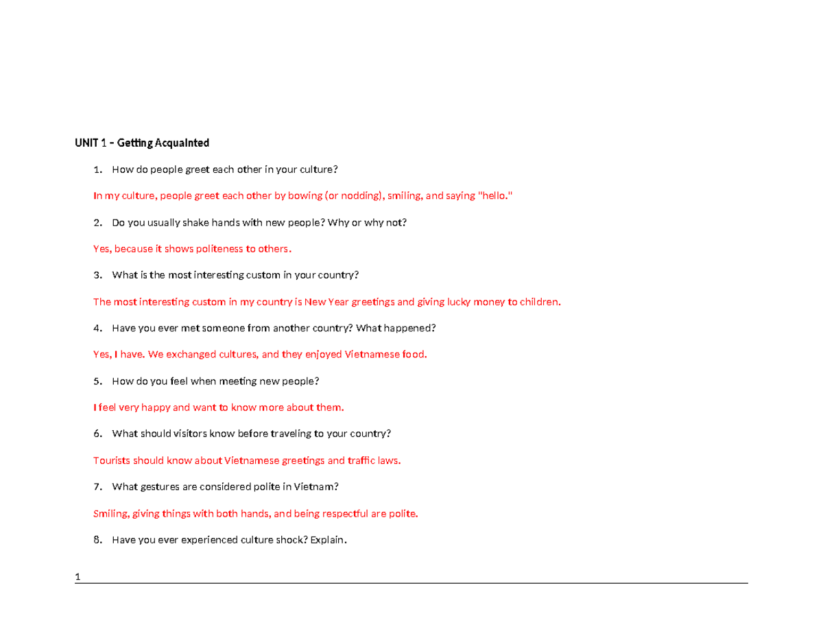 UNIT 1: Cultural Greetings and Personal Care Insights - Studocu