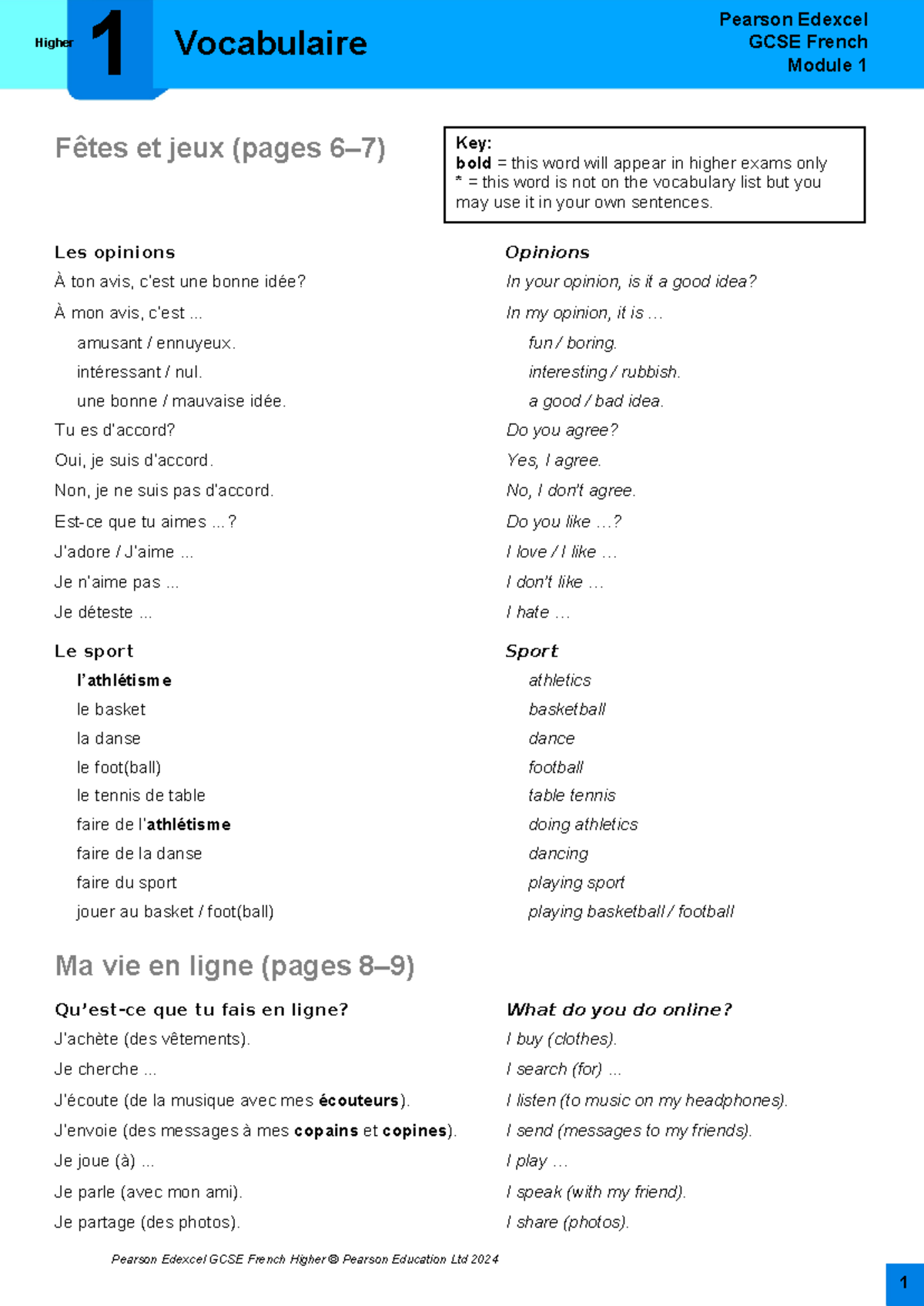 GCSE French (Pearson Edexcel) Module 1 Vocabulary - Higher Level - Studocu