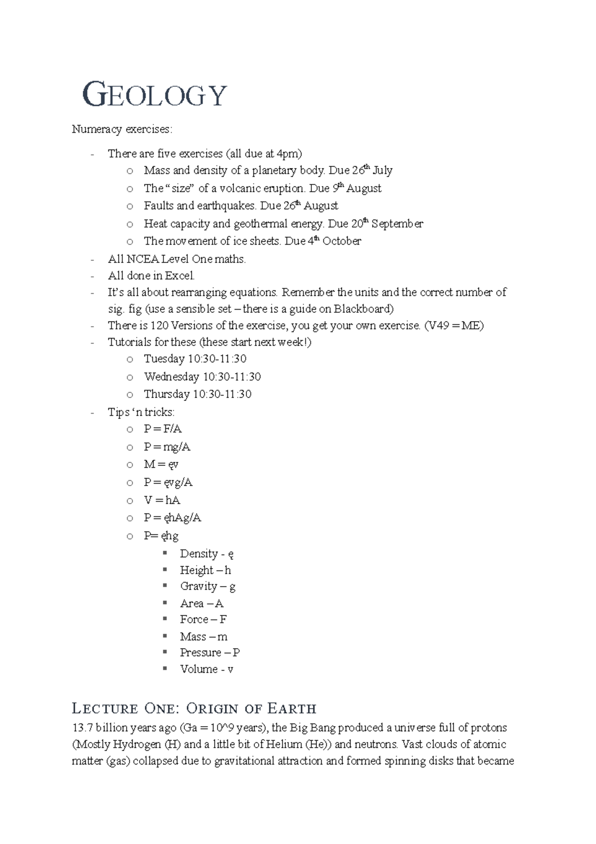 GEO101 Geology Lecture Notes: Origin of Earth & Plate Tectonics - Studocu