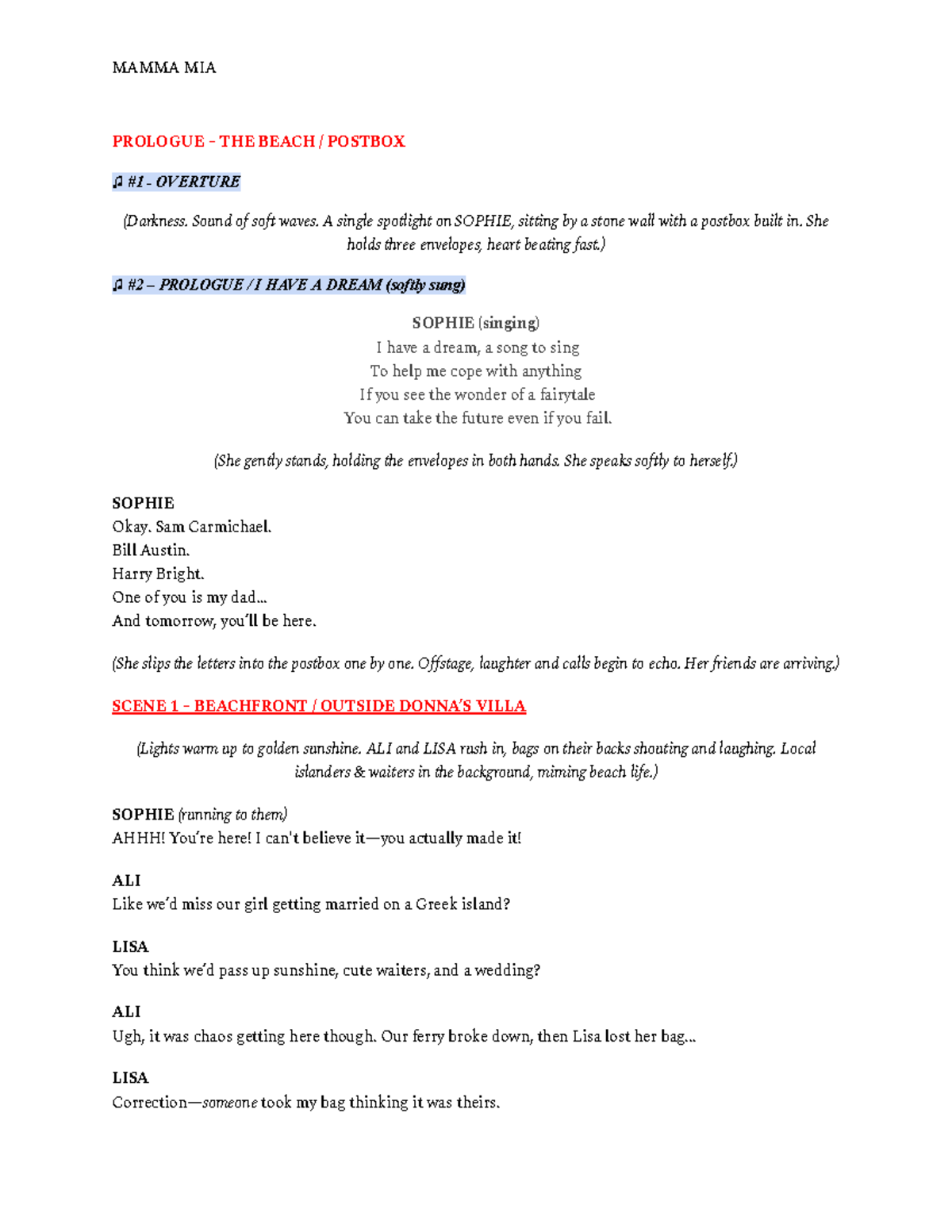 MAMMA MIA Script: Prologue and Key Scenes Analysis - Studocu