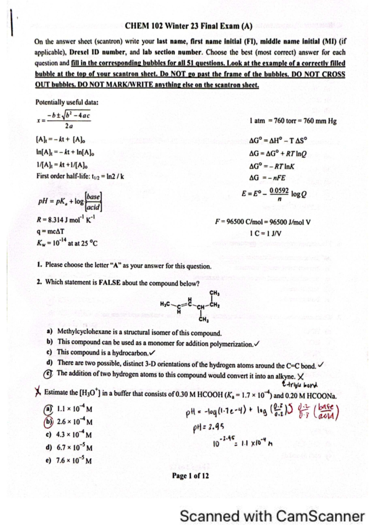 CHEM 102 Winter 23 Final Exam Review and Answer Guide - Studocu