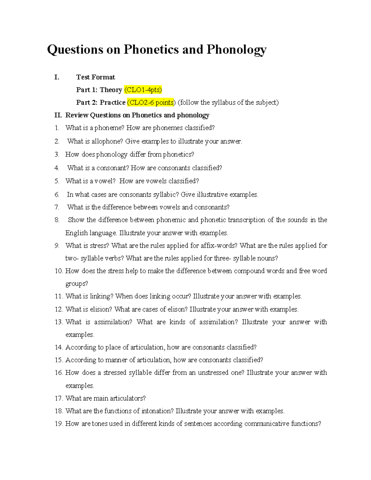 Phonetics & Phonology I: Practice Questions & Test Format - Studocu