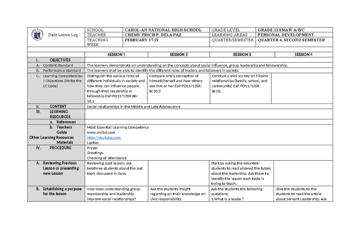 Daily Lesson Log (DLL) for Grade 11 - Feb 17-21, 2023 - Studocu