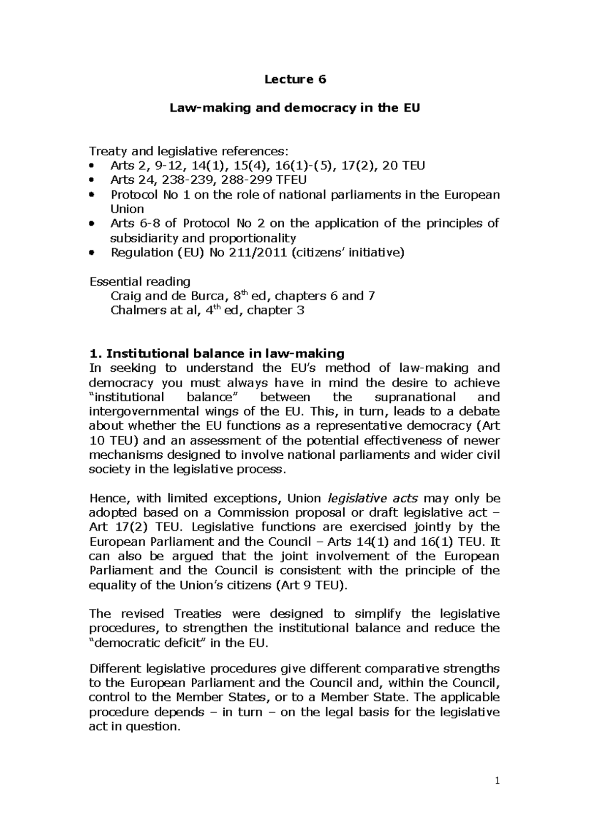 Lecture 6: Law-Making and Democracy in the EU - 2024-25 Notes - Studocu