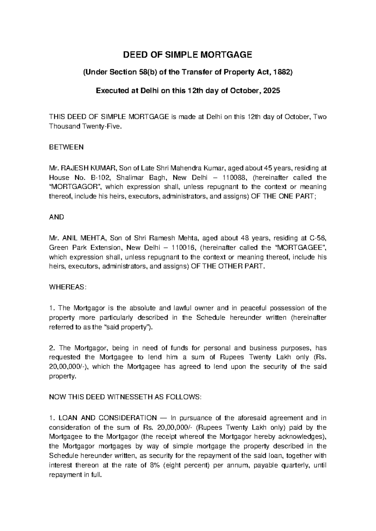 Simple Mortgage Deed - Delhi (Under Section 58(b) of TPA, 1882) - Studocu