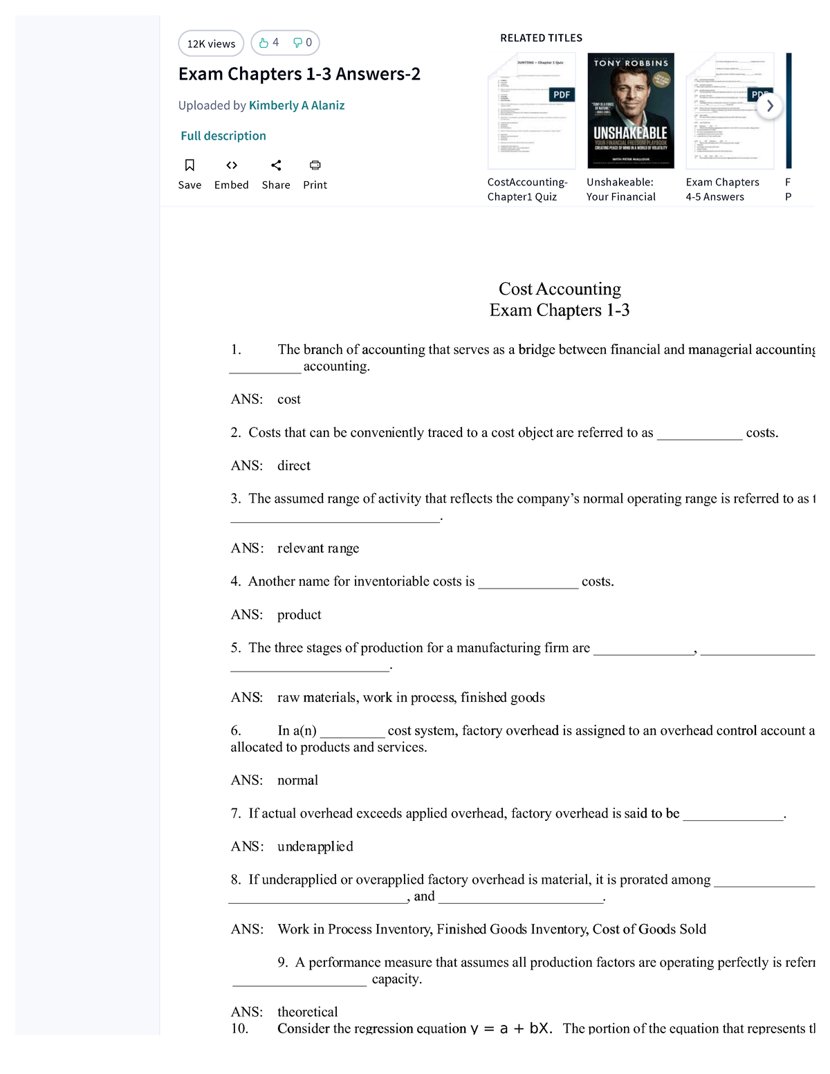 COST Accounting 4 - Exam Chapters 1-3 Answers and Insights - Studocu