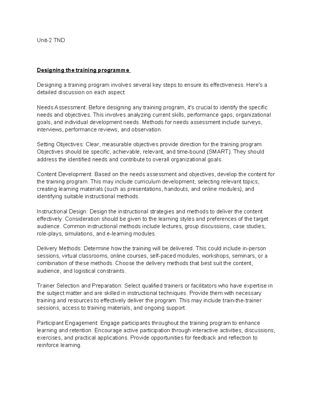 Unit 2 TND: Designing Effective Training Programs for Development - Studocu