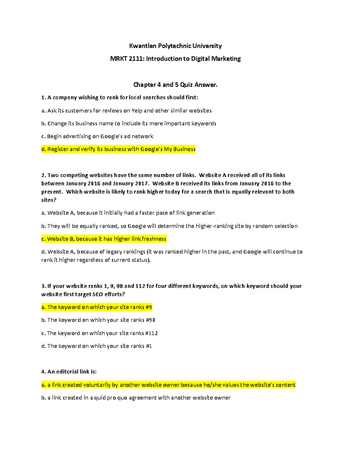 MRKT 2111 Chapter 4 & 5 Quiz Answers and Explanations - Studocu