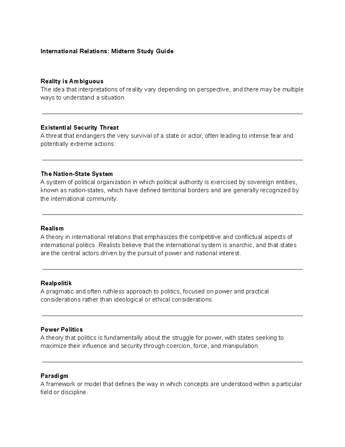 International Relations Midterm Study Guide - Existential Security ...