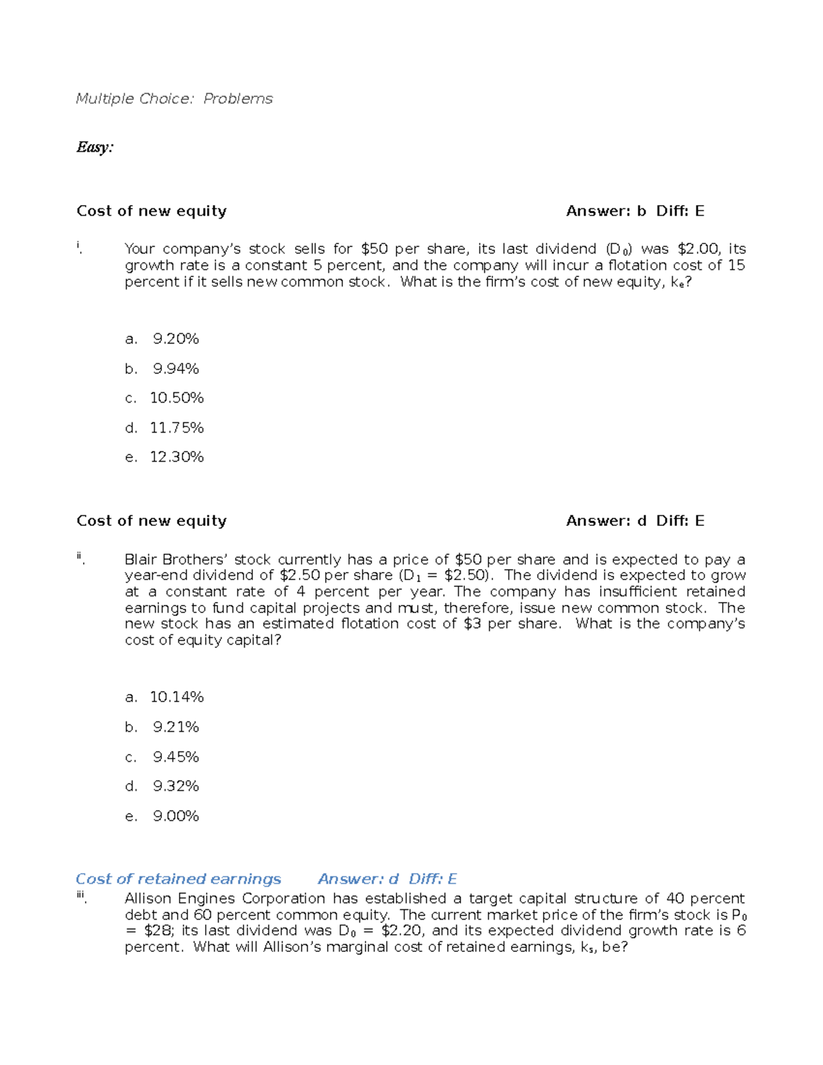 FIN 302 - Test Bank: Weighted Average Cost of Capital (WACC) Problems ...