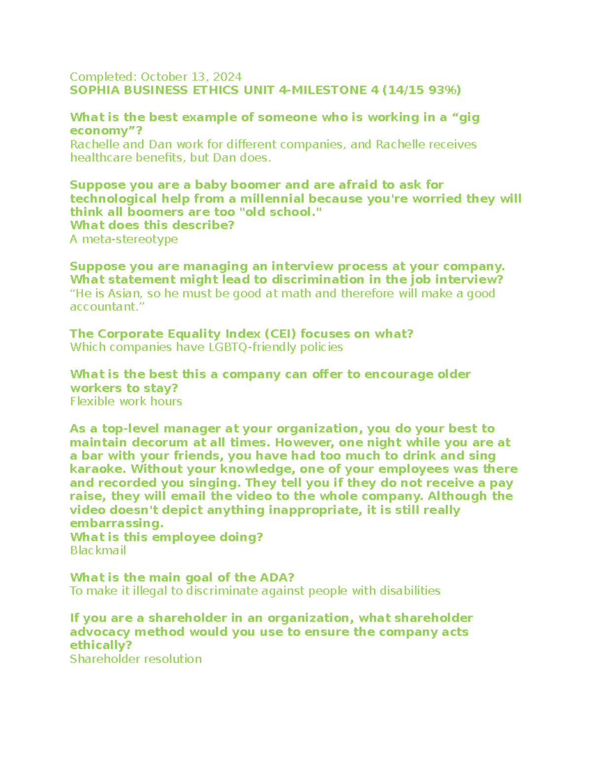 Sophia Business Ethics Unit 4 Milestone 4 Review and Key Concepts - Studocu