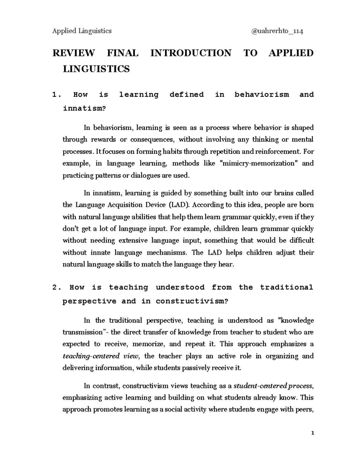 Final Exam Review: Nhập môn ngôn ngữ học ứng dụng (Course AL) - Studocu
