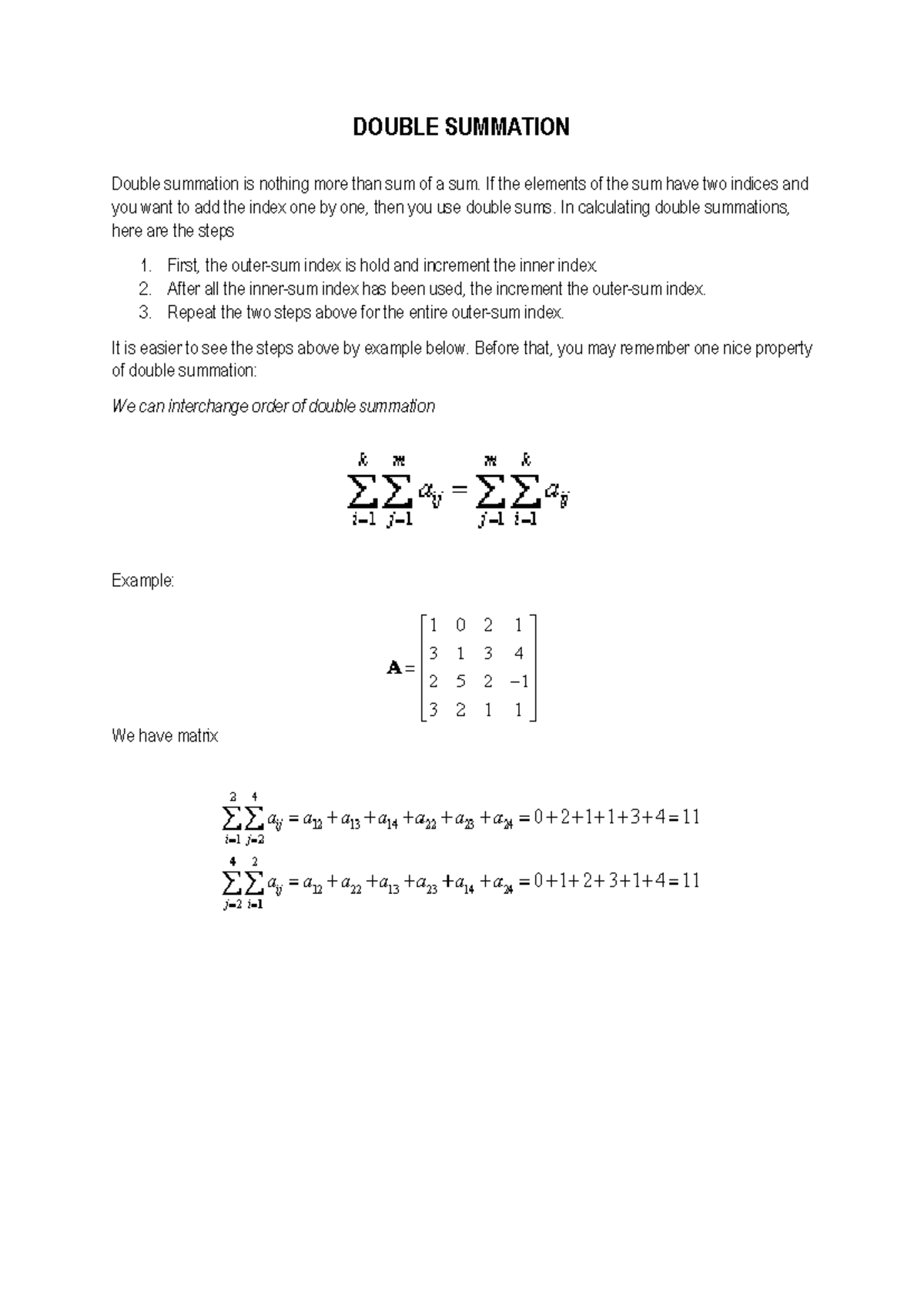 2 Double- Summation - just notes - DOUBLE SUMMATION Double summation is ...
