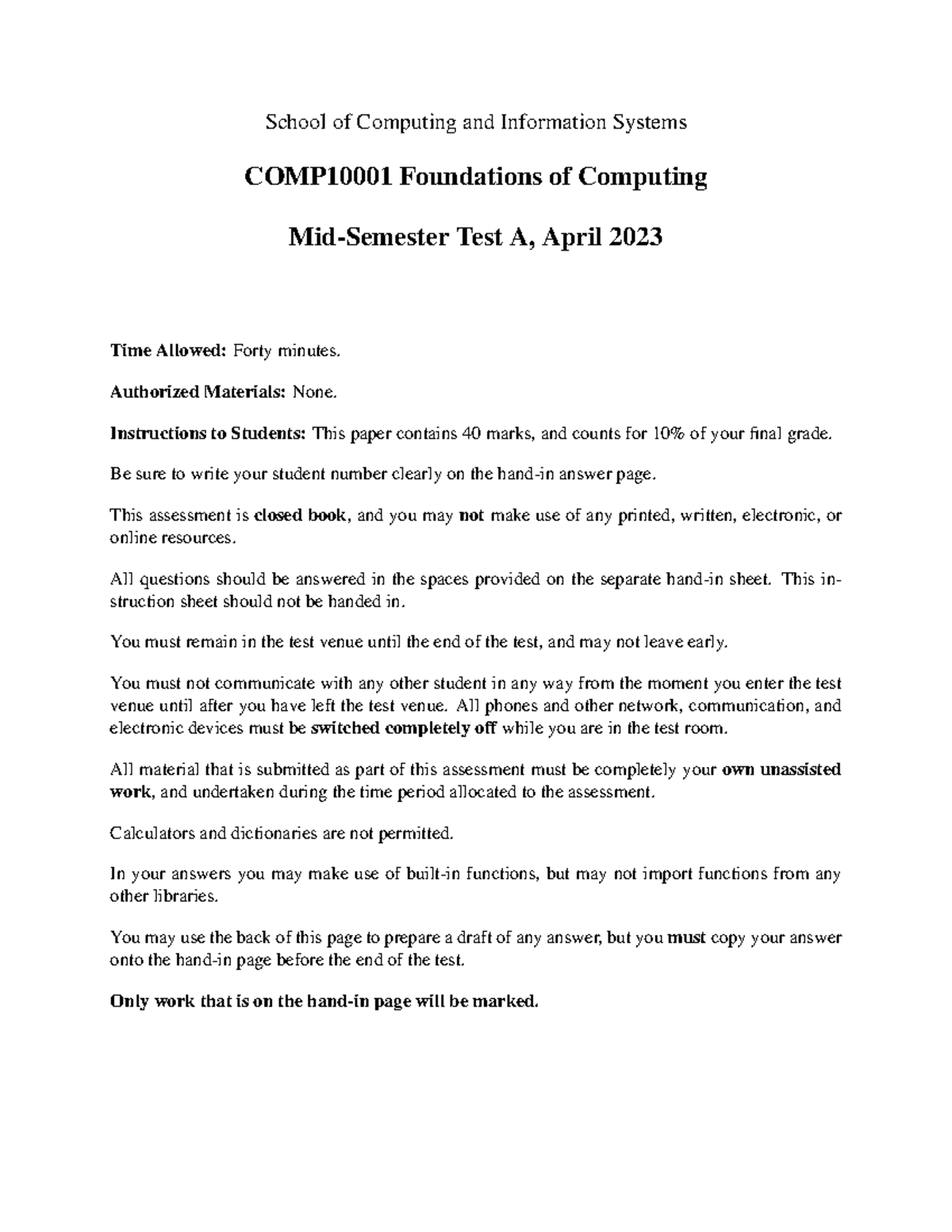 COMP10001 Mid-Semester Test A Instructions & Sample Questions - Studocu