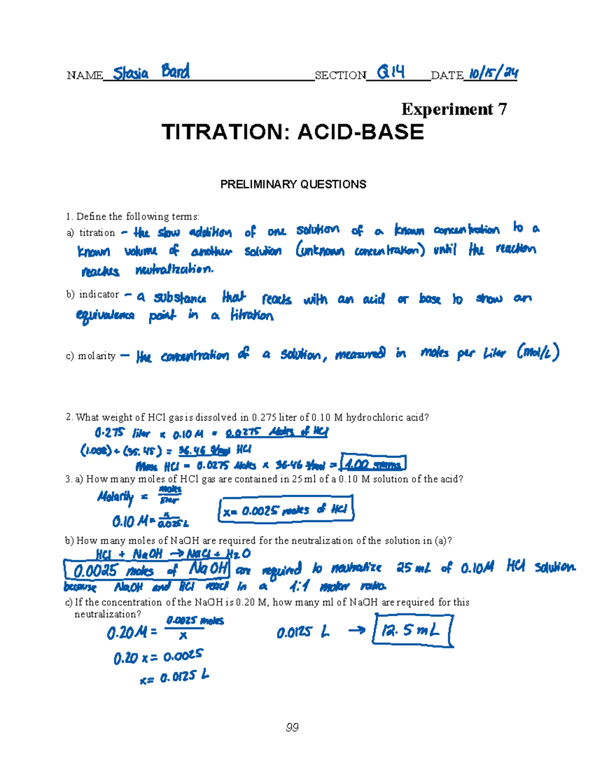 Experiment 7: Titration PQs - 99 NAME SECTION DATE Experiment 7 ...