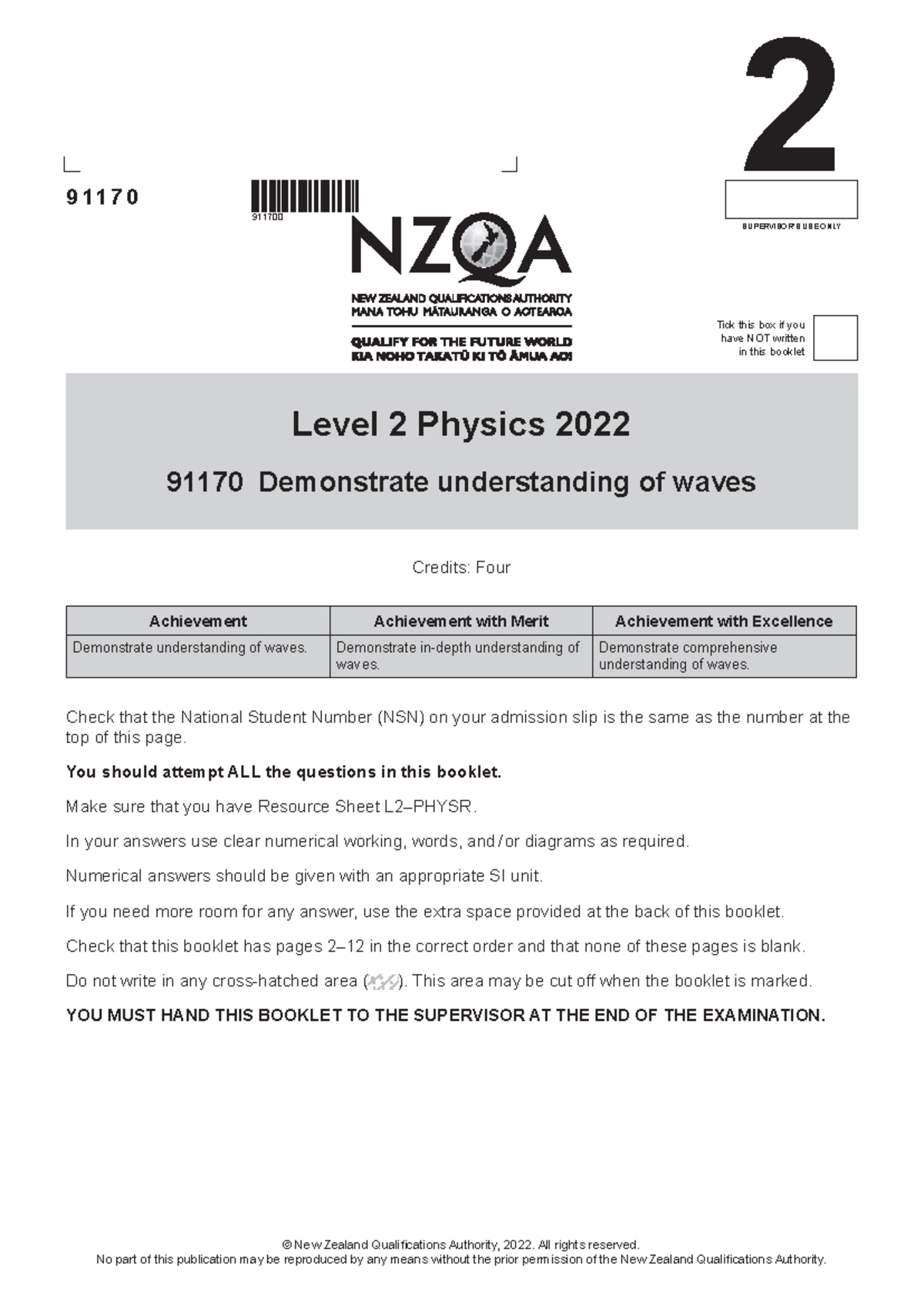 Level 2 Physics 91170: Understanding Waves - Exam 2022 - Studocu