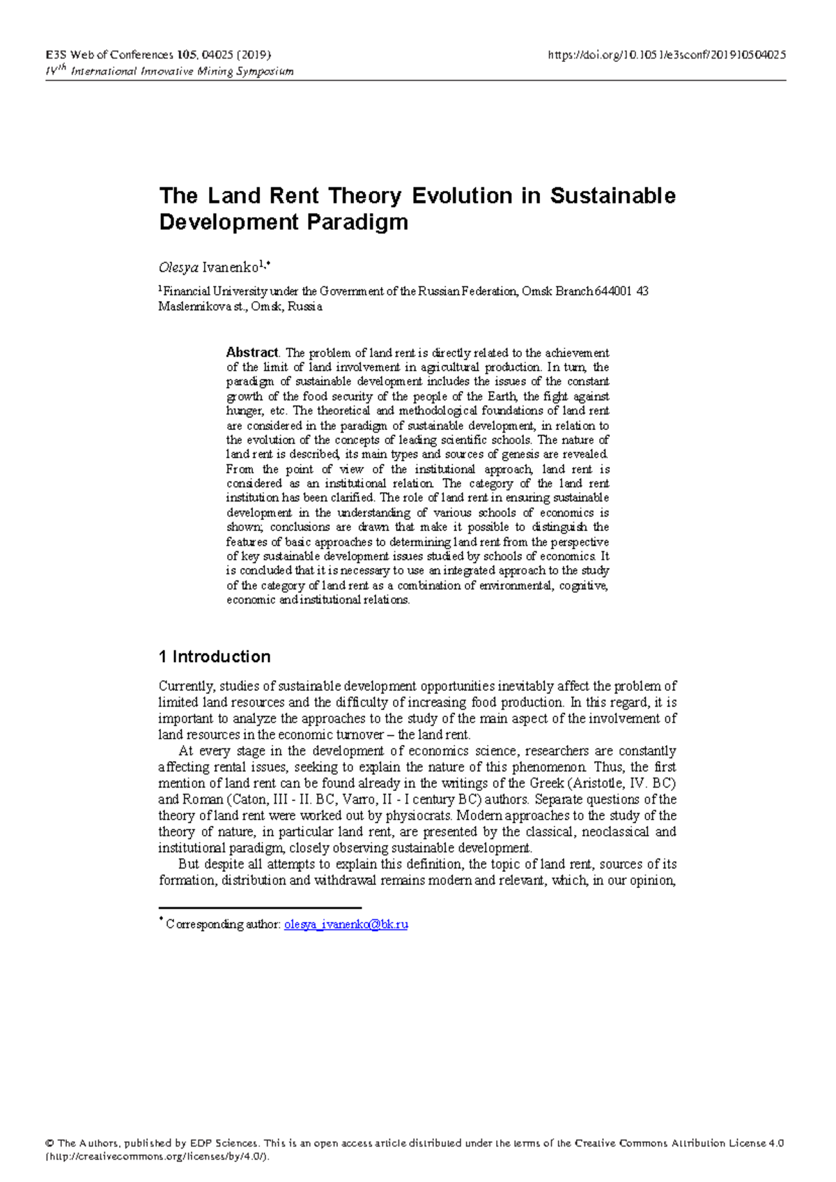 E3S Web Conf. 105, 04025 - Land Rent Theory & Sustainable Development ...