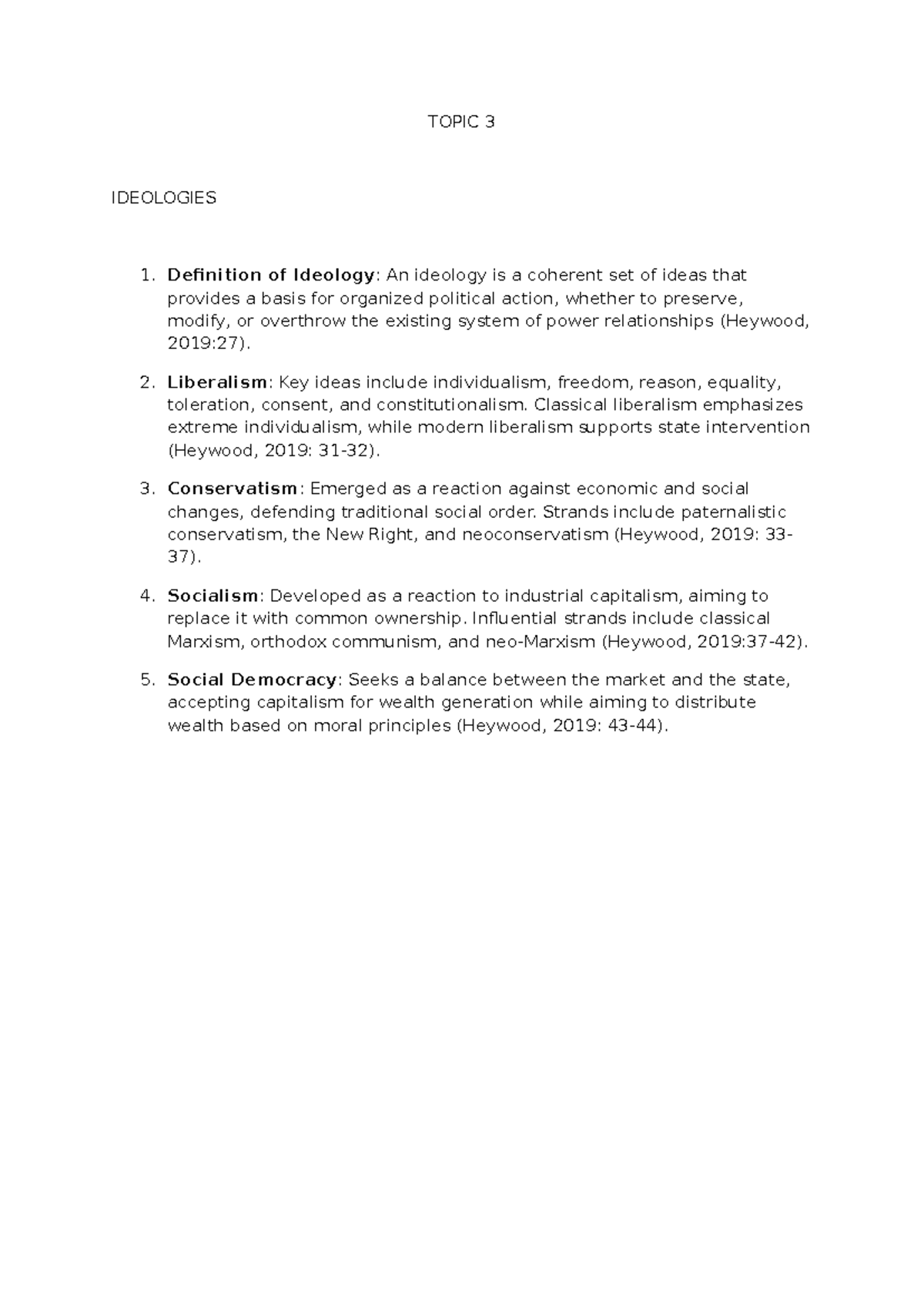 Topic 3 Exam Notes: Key Political Ideologies Overview - Studocu