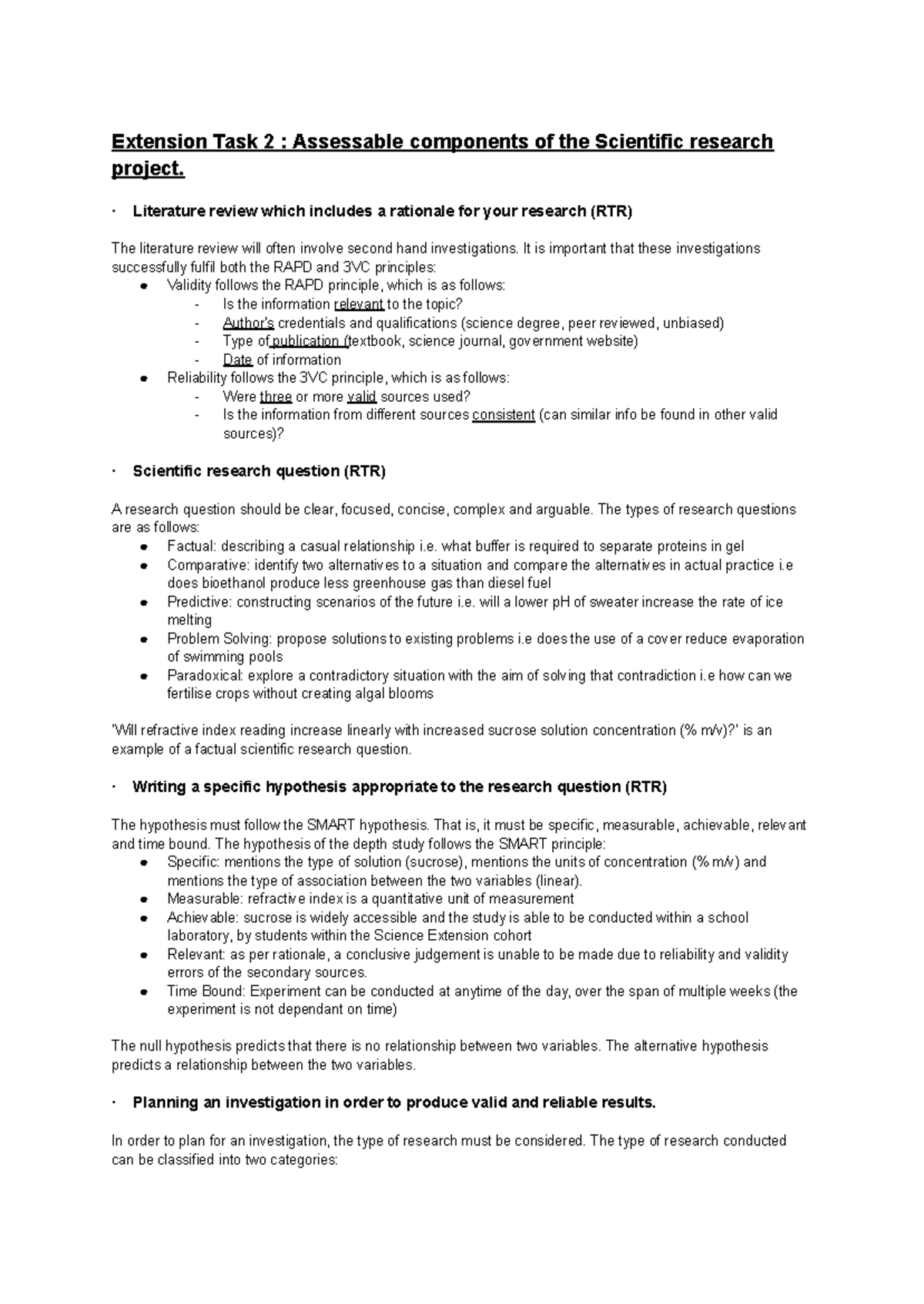 Science Ext Notes - Short summary of Scientific Report criteria ...