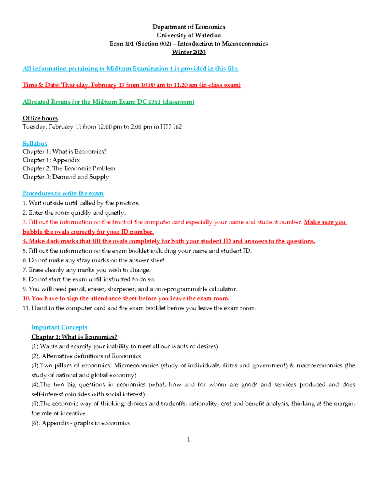 ECON 101 Winter 2020 Midterm Exam 1 Study Guide and Practice Test - Studocu