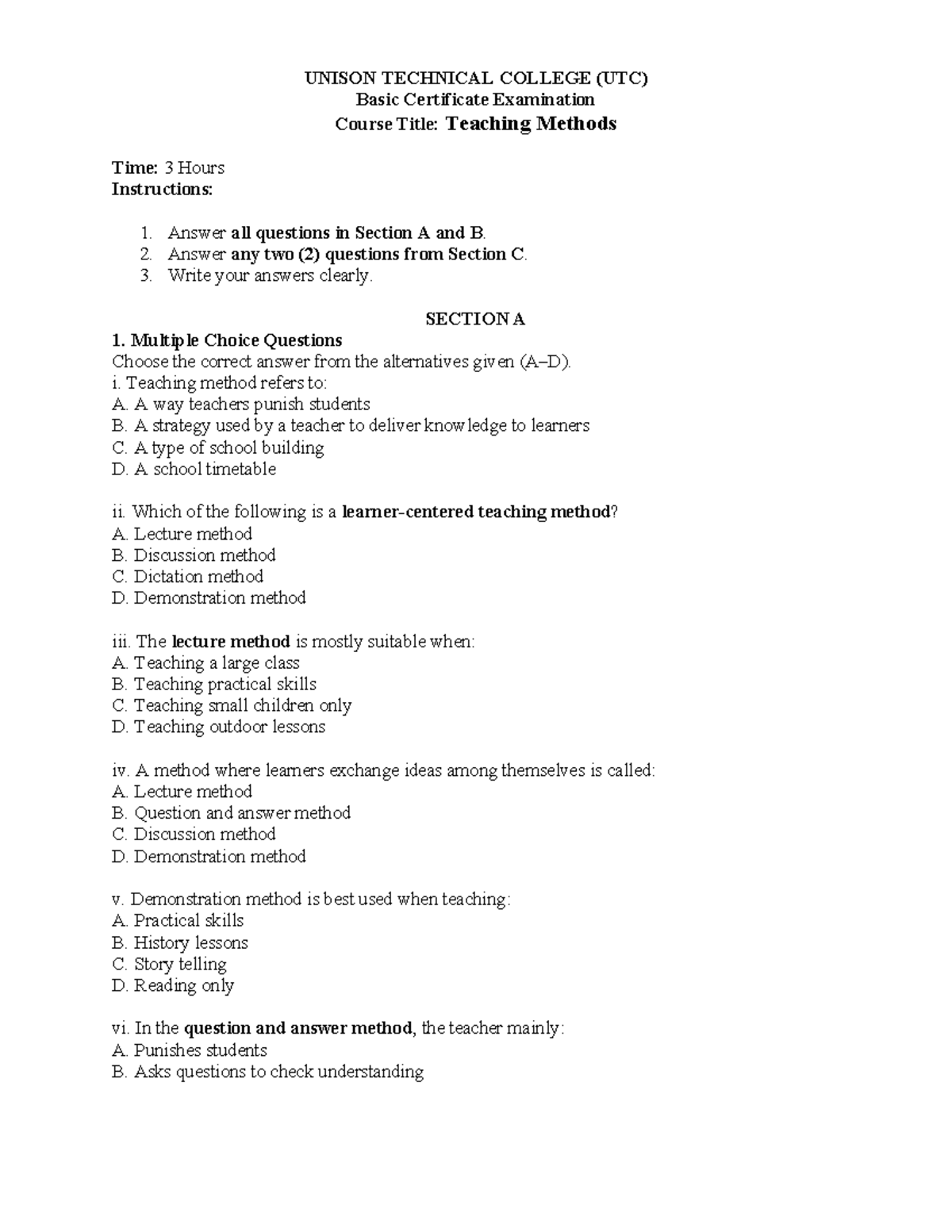Teaching Methods - Notes for UTC Basic Certificate Exam - Studocu