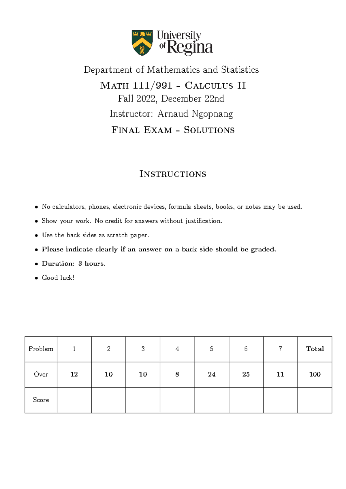 Math 111991 - Final Exam - Solutions - Department of Mathematics and ...