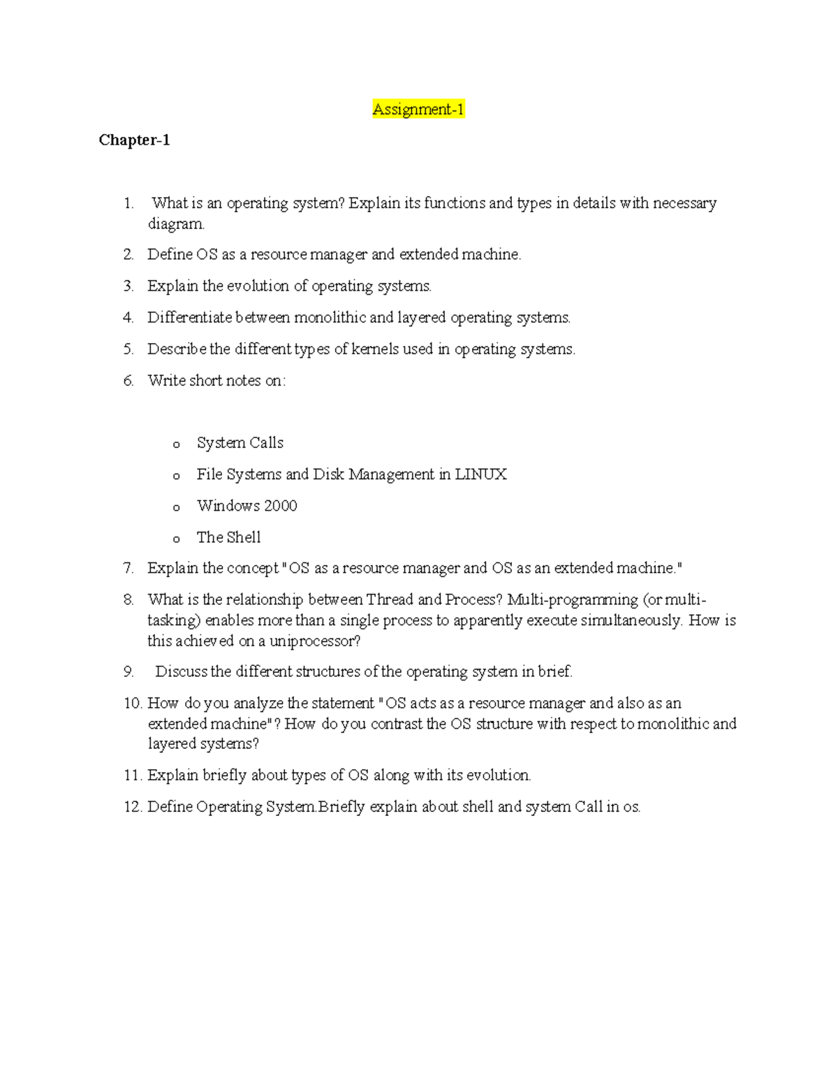 Assignment Questions on Operating Systems (OS) - Chapters 1 & 2 - Studocu