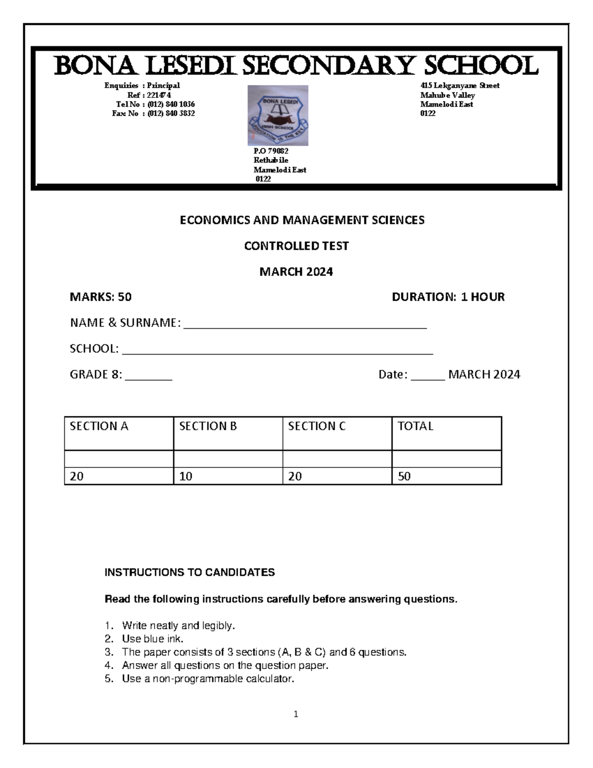 Grade 8 EMS Controlled Test - March 2024 (Marks: 50) - Studocu