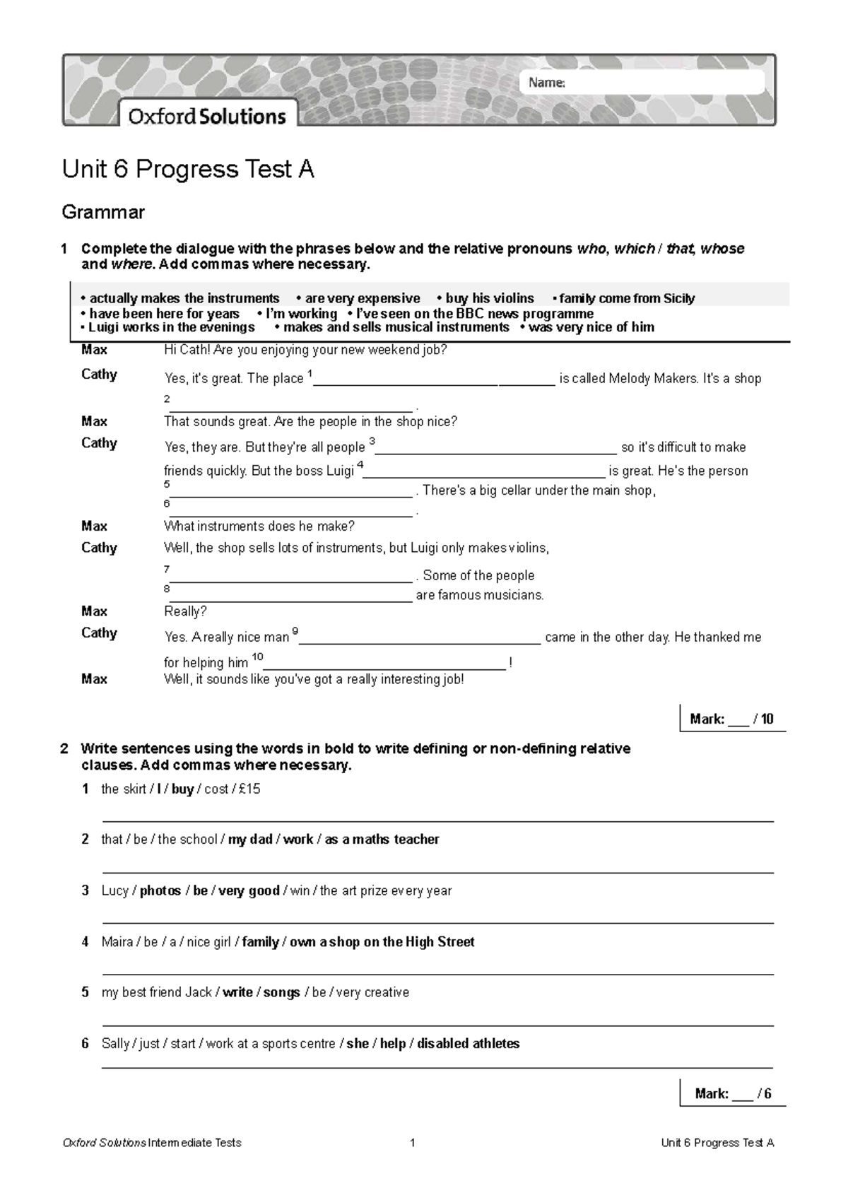 Unit 6 Progress Test A: Grammar & Vocabulary Exercises for English ...