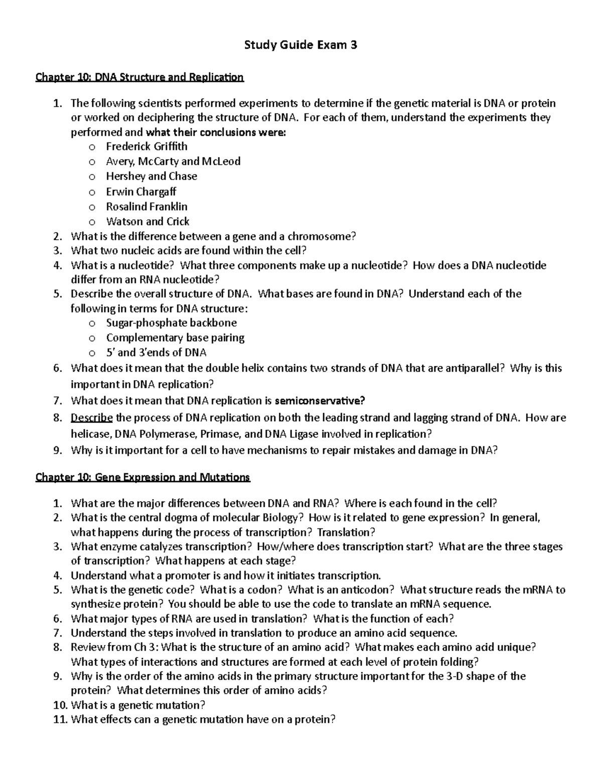 Study Guide for Exam 3: Ch 10 DNA Structure, Replication & Gene ...