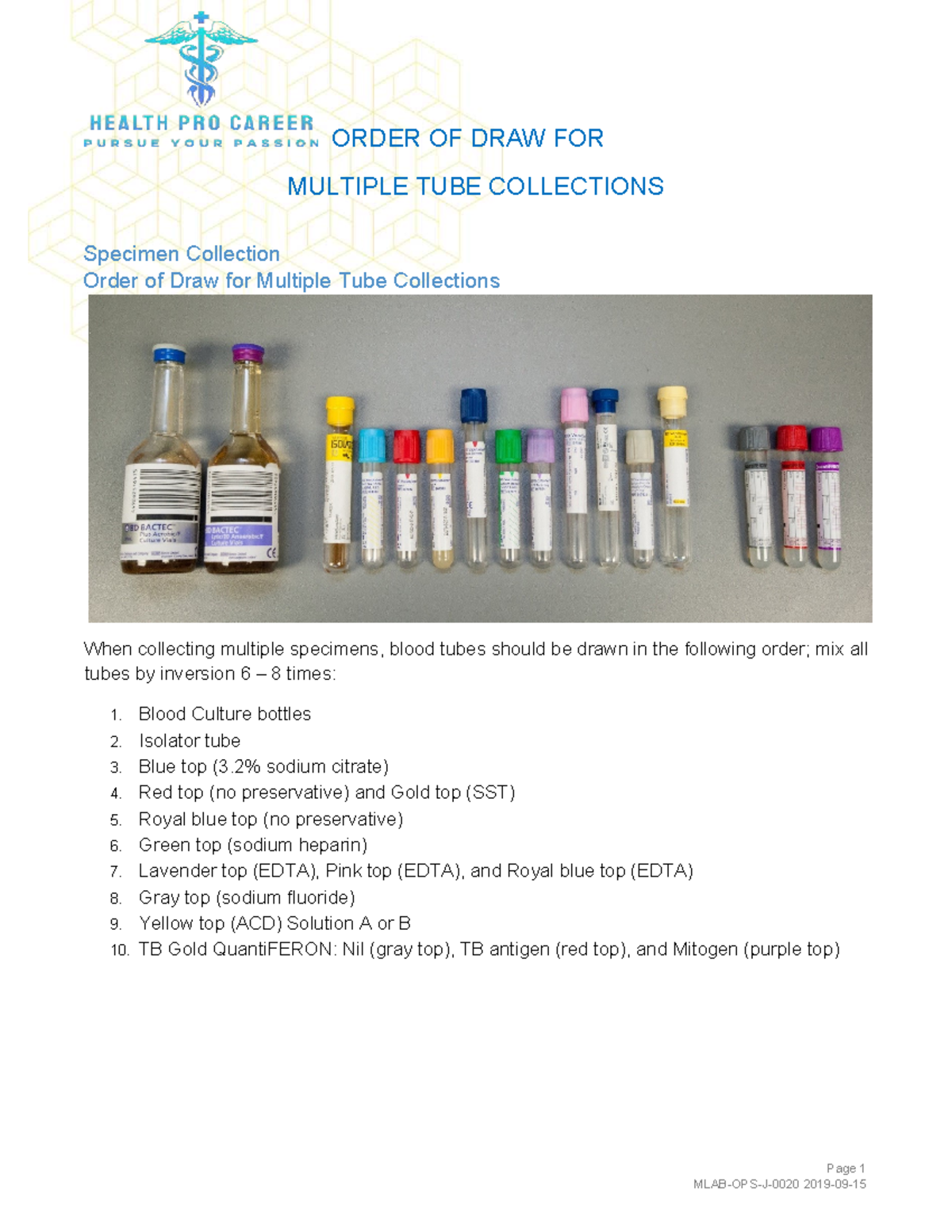 ORDER OF DRAW FOR MULTIPLE TUBE COLLECTIONS - Studocu