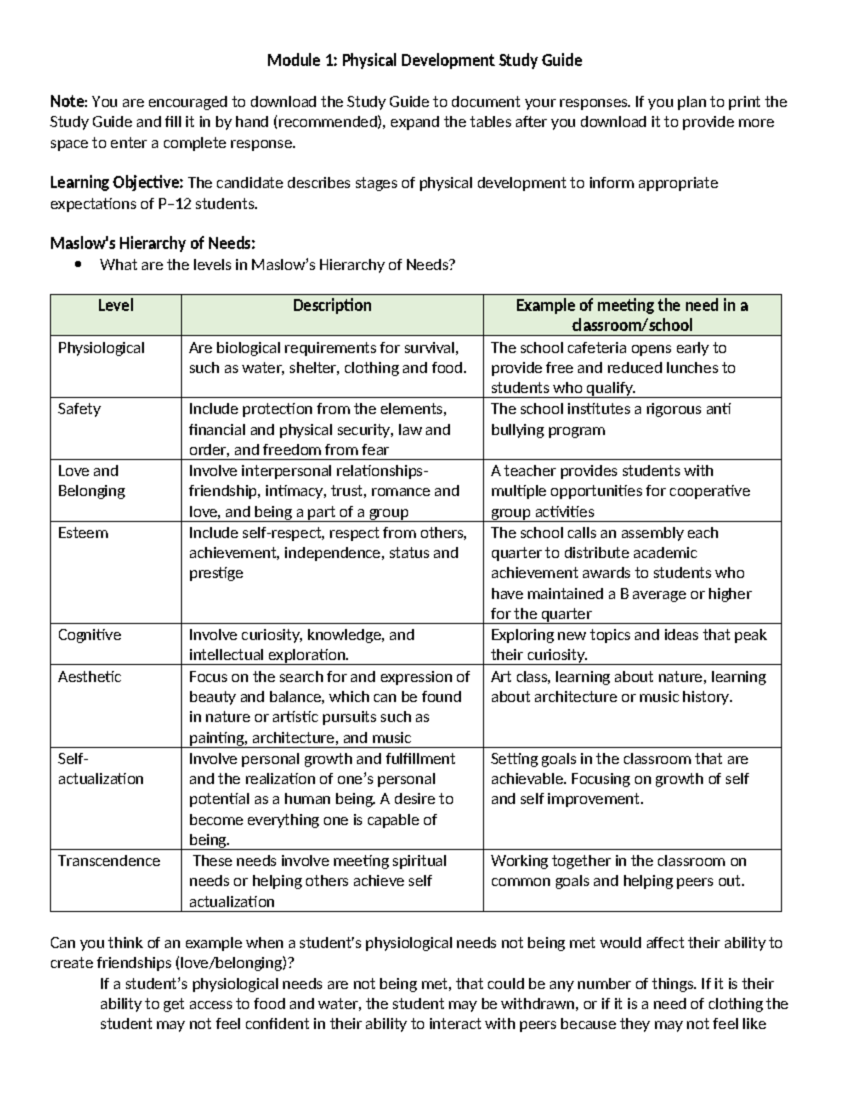 M1: Physical Development Study Guide - Stages & Hierarchy of Needs ...