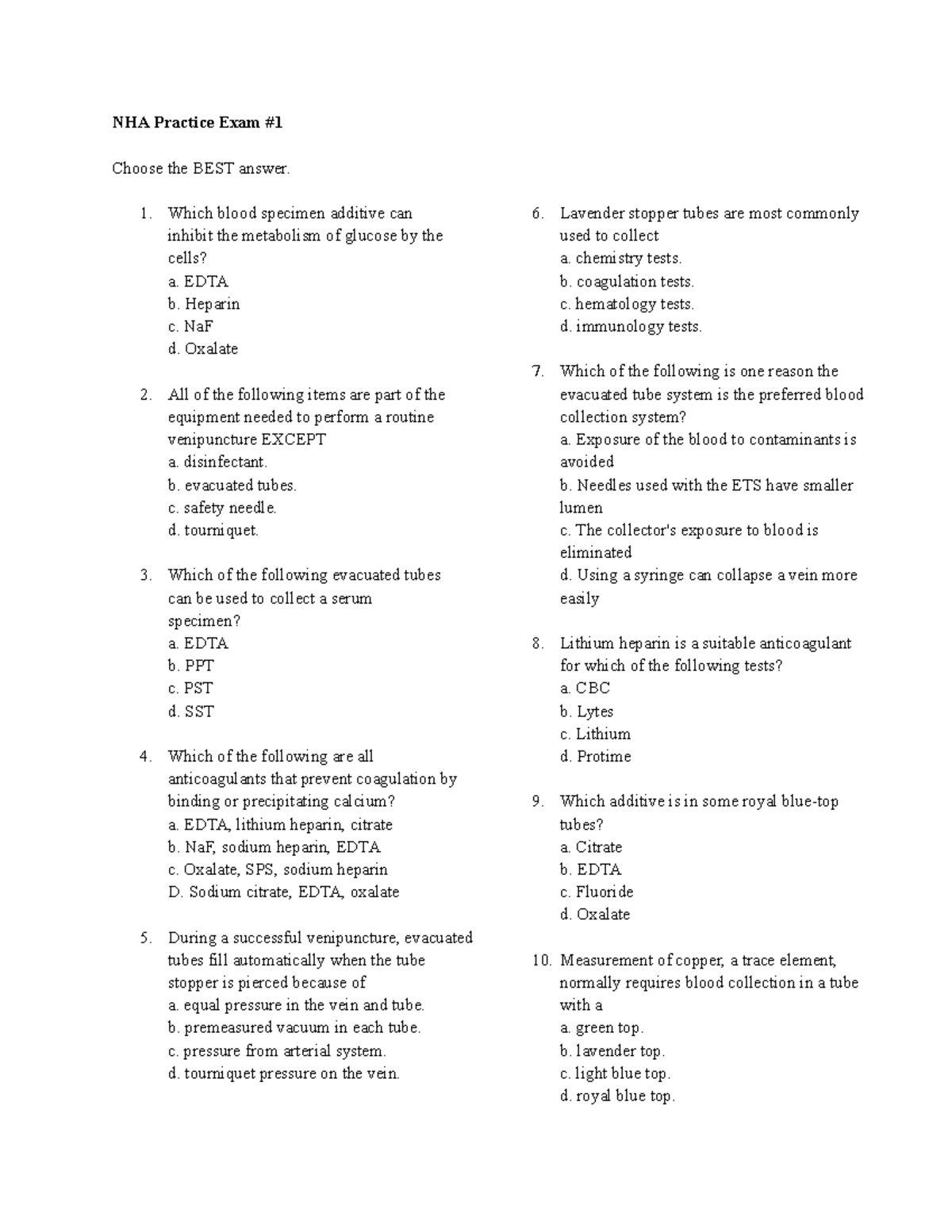 NHA Phlebotomy Practice Exam #1: Blood Collection Techniques - Studocu