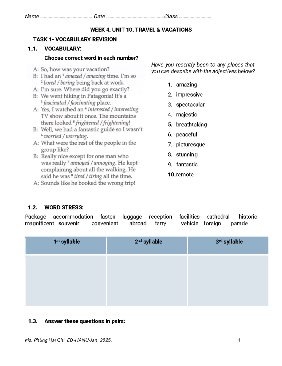 W4 CLC: Travel Vacations Vocabulary & Writing Tasks - Unit 10 - Studocu