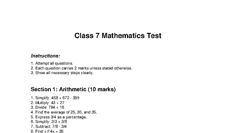 Class 7 Maths Test Instructions and Questions - Studocu
