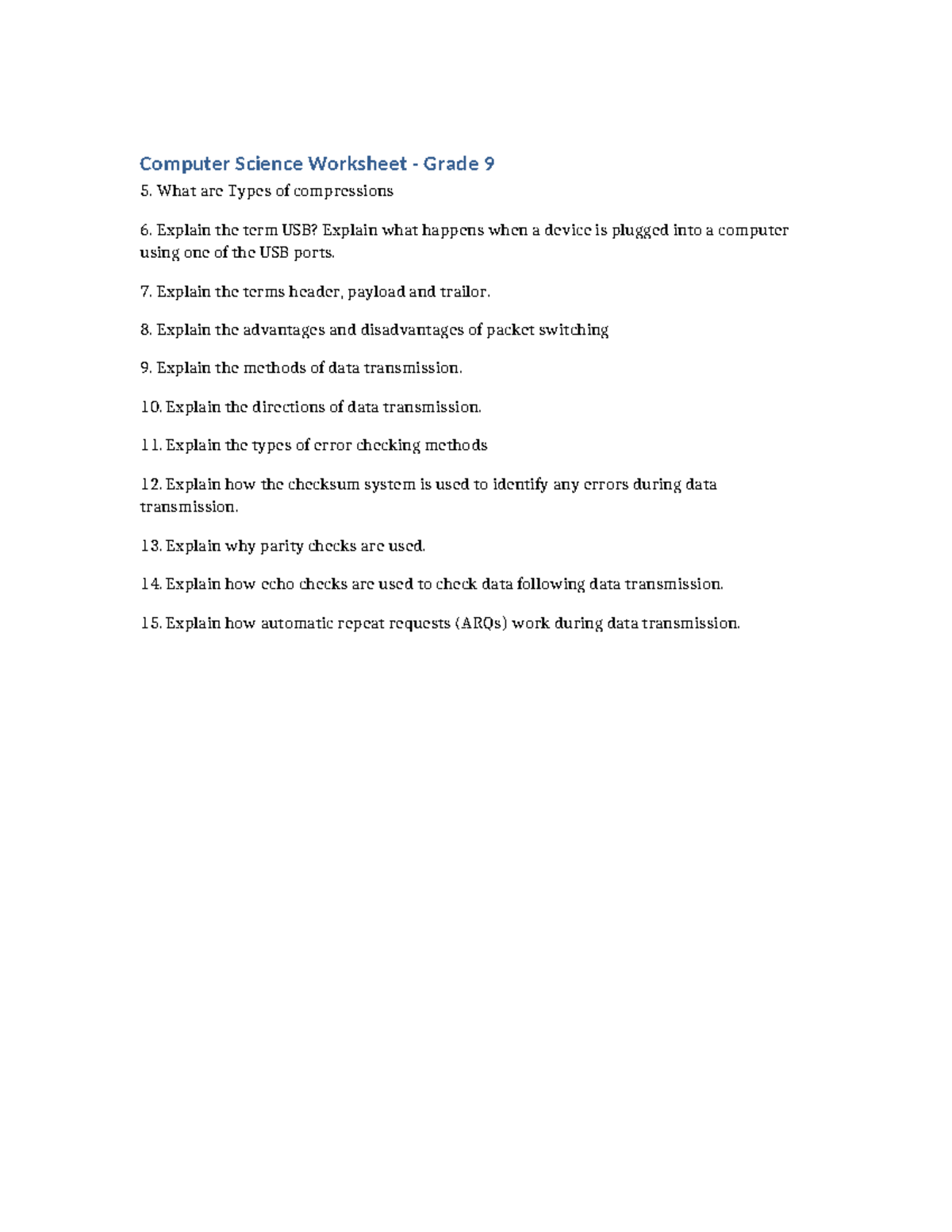 Grade 9 Computer Science Worksheet: Data Transmission & Error Checking ...