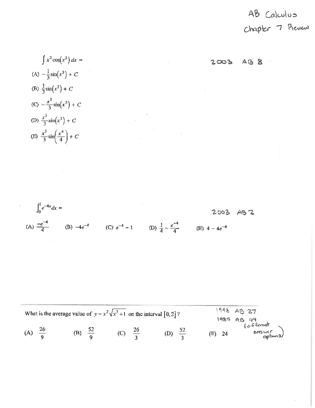 AB Calculus Chapter 7 Review Notes and Practice Problems - Studocu