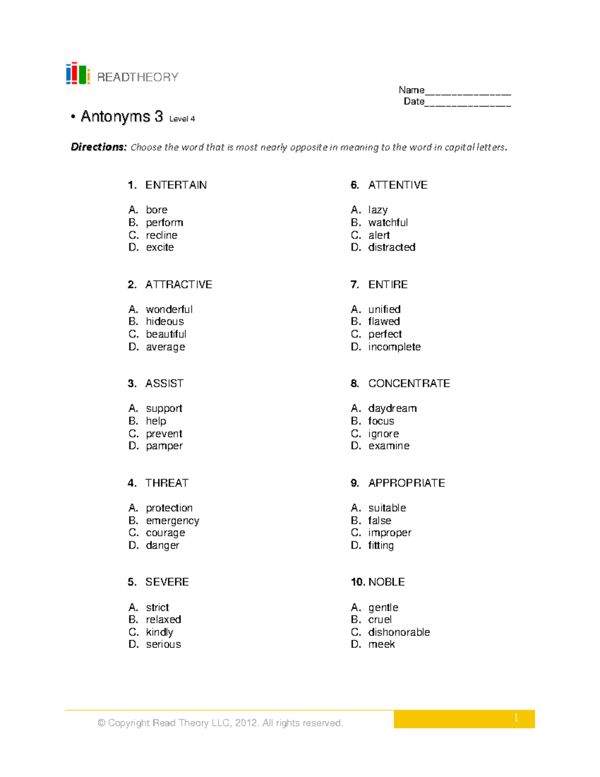 READTHEORY Antonyms 3 Level 4 - Answer Key and Explanations - Studocu