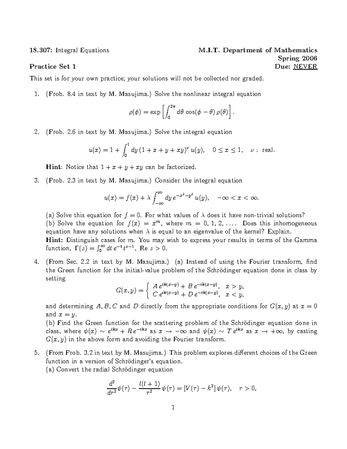 18.307: Integral Equations Practice Set 1 Solutions (Spring 2006) - Studocu