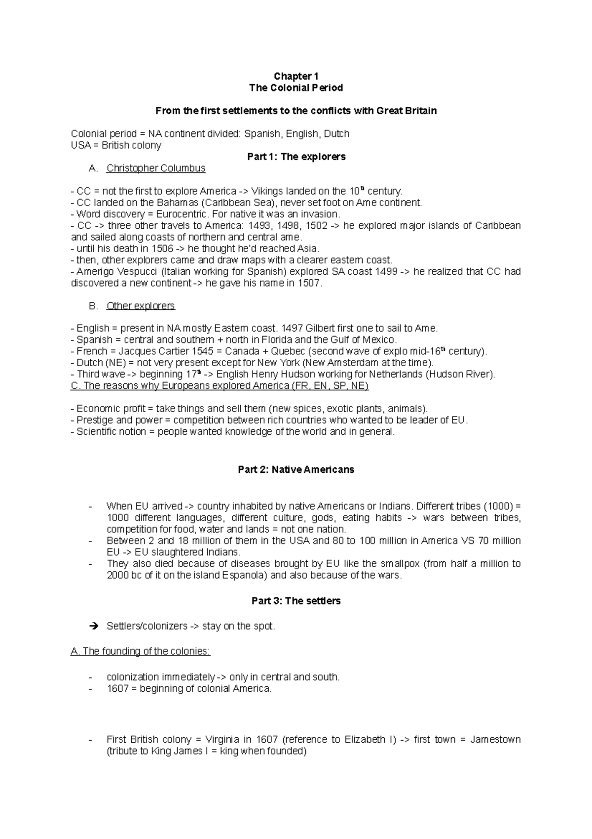 Fiches Civi US L1: Colonial Period Overview and Key Events - Studocu