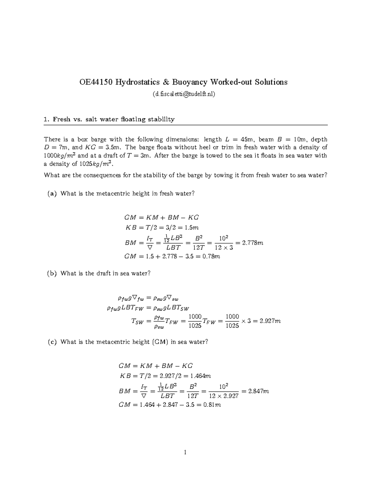 OE44150 Hydrostatics Buoyancy Assignment 1 Solutions - Studeersnel