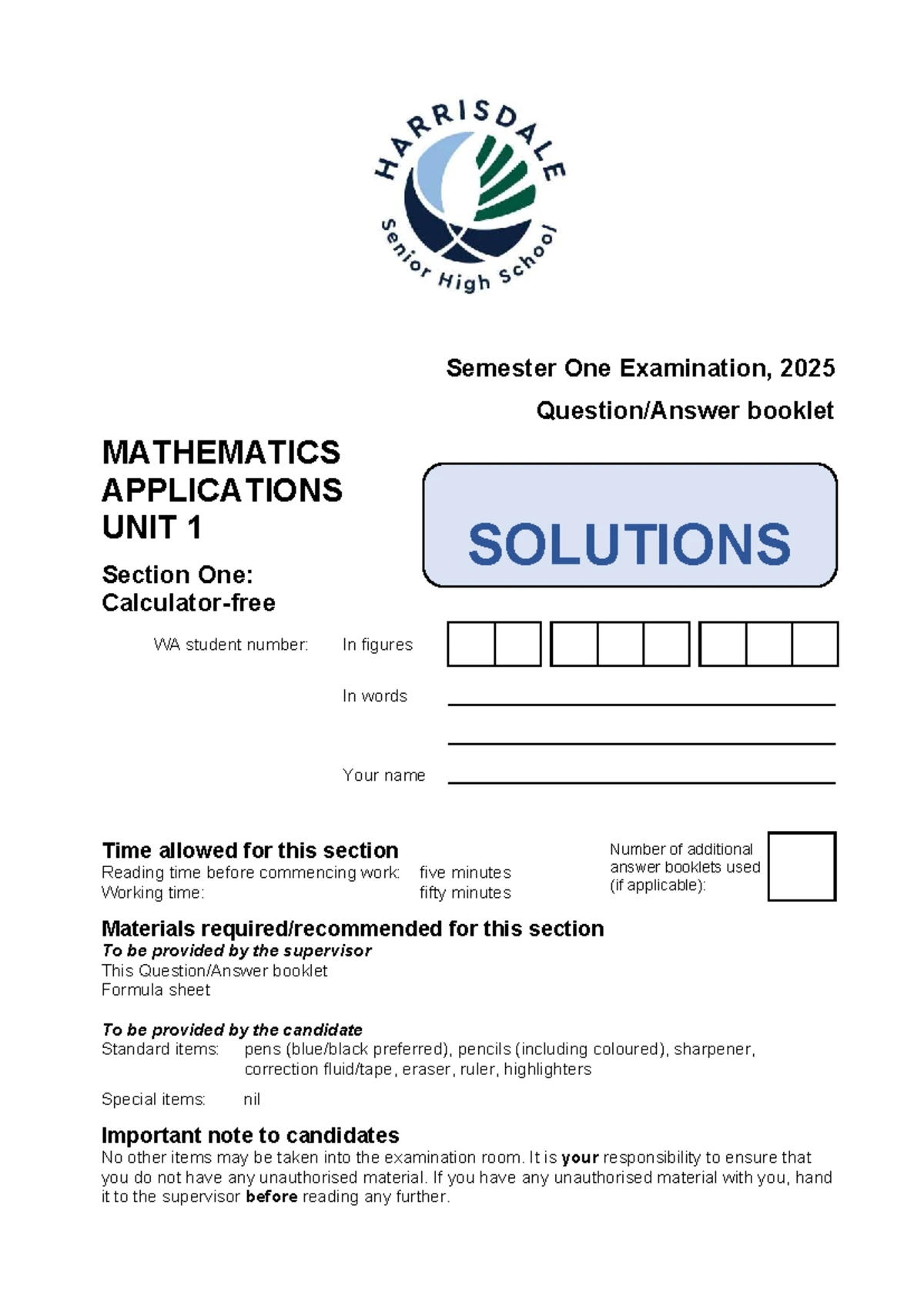 2025 MATHEMATICS APPLICATIONS UNIT 1 SEMESTER ONE EXAM SOLUTIONS - Studocu