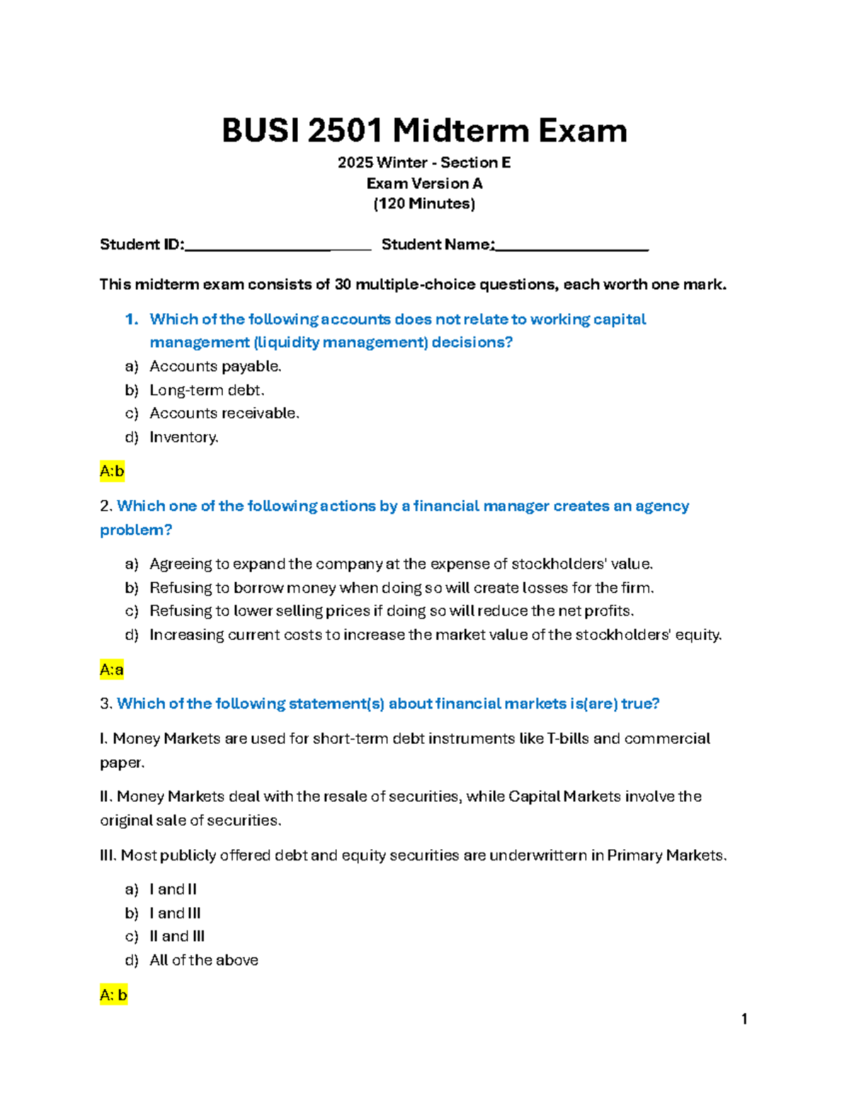 BUSI 2501 Midterm Exam Practice Questions with Answers - Studocu